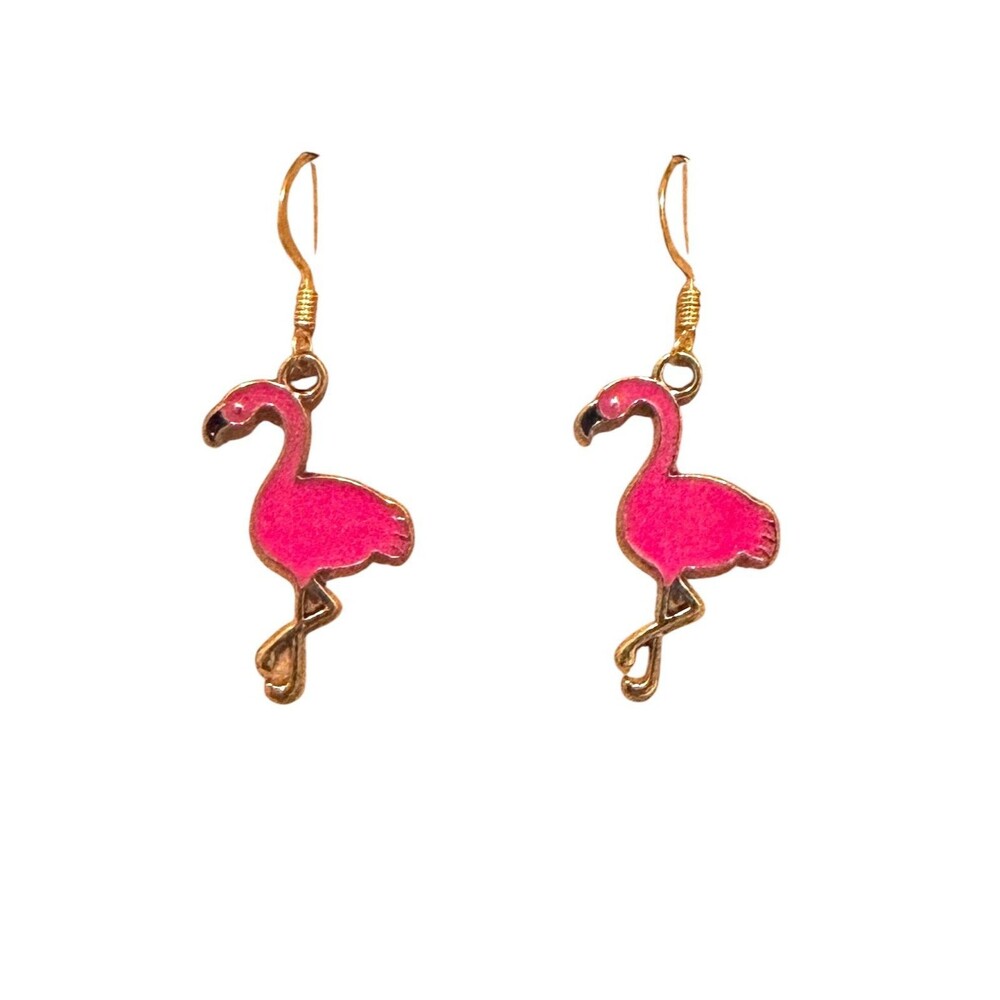 Hot Pink Enamel Flamingo Charm on 10kt Gold Earrings #2158